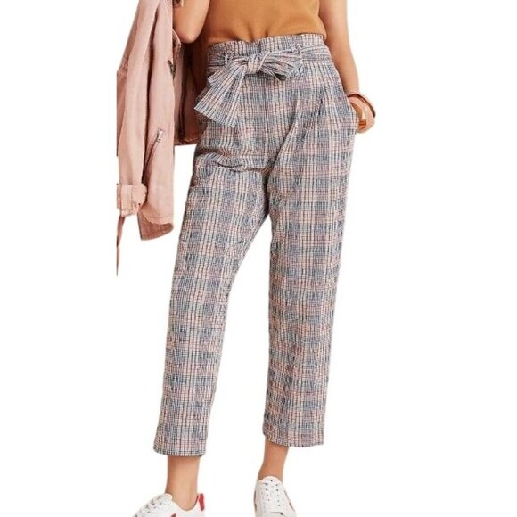 Anththropologie Womens 8‎ Hazelle Plaid Slim Belted Pants - Picture 1 of 13